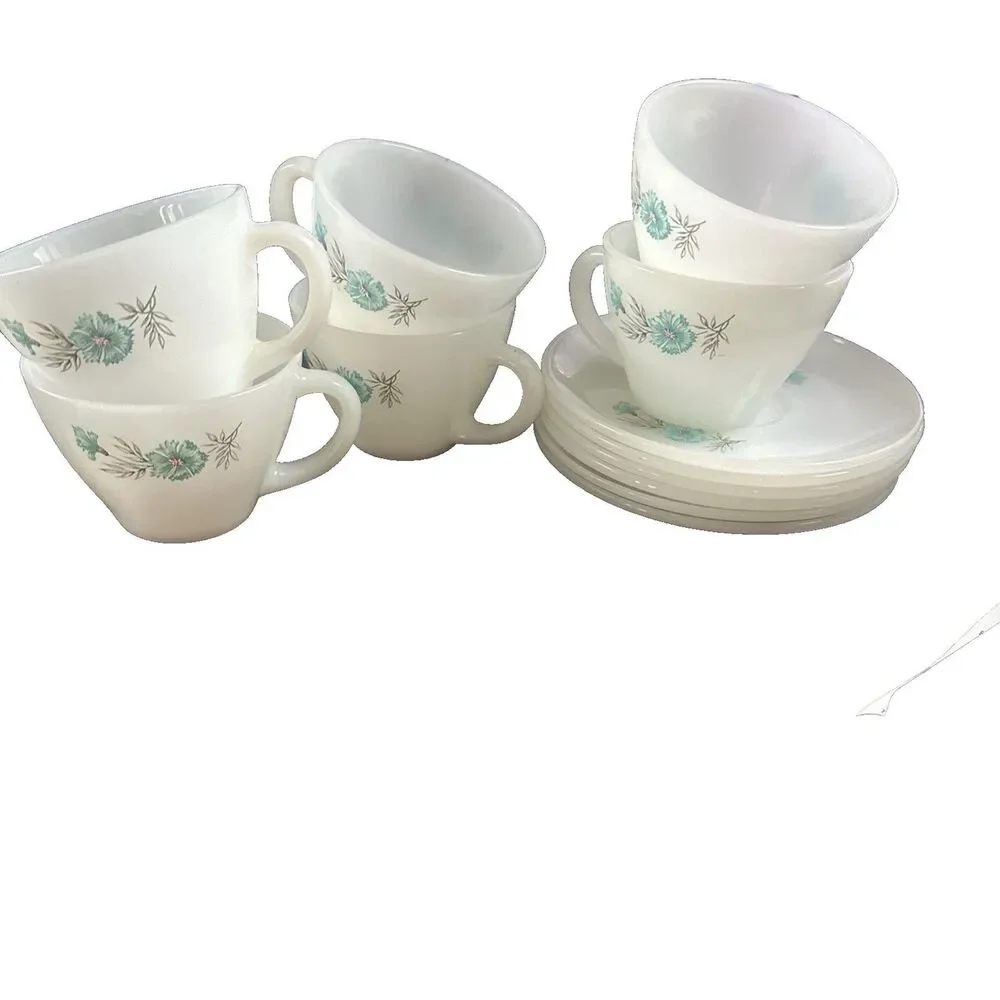 6 sets Vtg Anchor Hocking Fire King Milk Glass Bonnie Blue Flower Cup Saucer